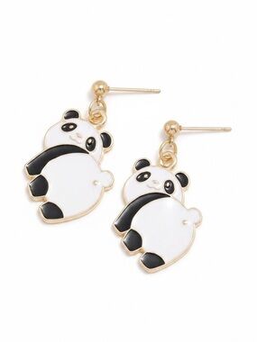 NWT Gold Tone Black & White Enamel Panda Dangle Charm Earrings